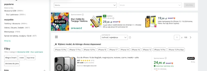 Выдача Allegro по запросу «iphone etui»